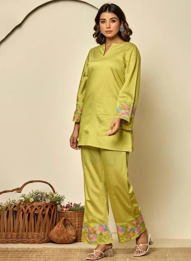 Kasya  Green Embroidered Viscose Co-Ord Set for Women | Best Price UAE